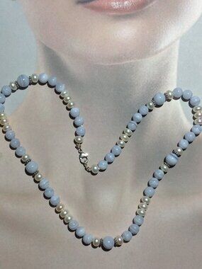 Freshwater Pearl and Blue Lace Agate with Silver Spacer Necklace.